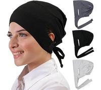 3 Pcs Women Hijab Undercap with Ears Holes & Tie Back Closure Strectchy Islamic Muslim Headwear Inner Under Scarf Hat Solid Underscarf Hijab Cap Turban Head Wraps for Women Chemo Sleep Cap (Style-2)