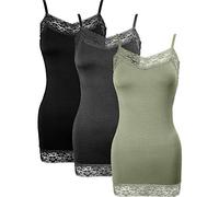 3 Pcs Women Long Camisoles Lace Tank Tops Neck Cami Adjustable Spaghetti Strap Lace Trim Tank Top for Women Wearing, Black, Deep Grey, Olive Green, L