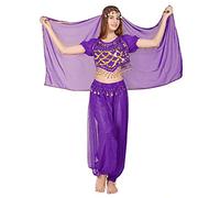 3 Pcs Women's Belly Dance, Indian Clothes Sequins for Princess Costume, Set of Dancing Top Lantern Trousers and Head Chain - Purple - One size