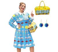 3 Pcs Women's Halloween Costumes Plus Size Peter Pan Collar Ms. Frrizle Cosplay Dress with Handbag Earrings Light Blue 2XL