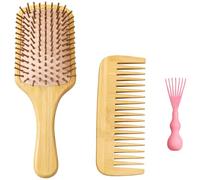 3 Pcs Wood Hair Brush Comb Set, Natural Material, Reduce Static, All Hair Types, Includes Square Paddle Cushion Massage Brush, Wide Tooth Comb, and Cleaning Tool - Pink