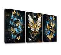 3 Pcs Wooden Framed Blue and Golden Butterflies Canvas Wall Art Canvas Prints Shinning Diamond Butterflies Pictures for Living Room Bedroom Kitchen Hallway Stairs Wall Decor 120x60cm(16"x24"x3pcs)