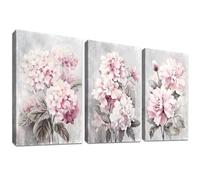 3 Pcs Wooden Framed Blush Grey Pink Canvas Wall Art Pink Hydrangeas Peonies Floral Blossom Canvas Painting Pictures for Living Room Bedroom Bathroom Hallway Home Wall Decoration 150x70cm(20"x28"x3pcs)