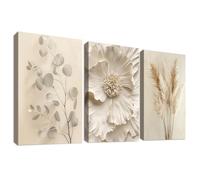 3 Pcs Wooden Framed Canvas Wall Art Beige Flower Pampas Grass Canvas Prints Cream Eucalyptus Leaf Painting Minimalist Floral Pictures for Living Room Bedroom Bathroom Wall Decor 40x60 cm x3pcs