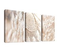 3 Pcs Wooden Framed Canvas Wall Art Canvas Prints Beige Pampas Grass Painting Dreamcatcher Botanical Baby's Breath Pictures for Living Room Bedroom Bathroom Hallway Wall Decoration 40x60 cm x3pcs