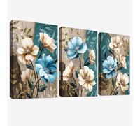 3 Pcs Wooden Framed Canvas Wall Art Canvas Prints Botanical Lotus Flowers Painting Vintage Beige Blue Floral Pictures for Living Room Bedroom Bathroom Hallway Home Wall Decor 90x40cm(12"x16"x3pcs)