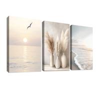 3 Pcs Wooden Framed Canvas Wall Art Canvas Prints Coastal Beach Sea Wave Painting Poster Boho Pampas Grass Ocean Sunset Pictures for Living Room Bedroom Bathroom Hallway Wall Decor 50x70 cm x3pcs