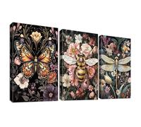 3 Pcs Wooden Framed Canvas Wall Art Canvas Prints Dark Green Dragonfly Flowers Painting Gothic Butterfly Dark College Bee Pictures for Living Room Bedroom Bathroom Hallway Wall Decor 30x40 cm x3pcs