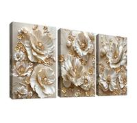 3 Pcs Wooden Framed Canvas Wall Art Canvas Prints Luxury Apricot Gold 3D Peonies Flowers Painting Vintage Floral Cameo Pictures for Living Room Bedroom Bathroom Hallway Wall Decoration 30x40 cm x3pcs