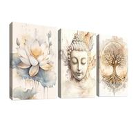 3 Pcs Wooden Framed Canvas Wall Art Canvas Prints Tree Of Life Buddha Painting Poster Zen Buddhism Beige Lotus Flower Pictures for Living Room Bedroom Bathroom Hallway Wall Decor 50x70 cm x3pcs