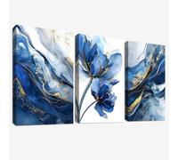 3 Pcs Wooden Framed Canvas Wall Art Canvas Prints Watercolour Gold Blue Lotus Flower Painting Abstract Navy Blue Marble Pictures for Living Room Bedroom Bathroom Hallway Home Wall Decor 30x40 cm x3pcs