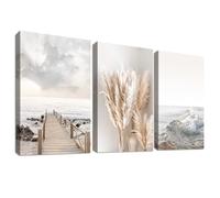 3 Pcs Wooden Framed Canvas Wall Art Coastal Beach Ocean Landscape Canvas Prints Nordic Beige Pampas Grass Pictures for Living Room Bedroom Kitchen Hallway Stairs Wall Decor 150x70cm(20"x28"x3pcs)