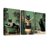 3 Pcs Wooden Framed Canvas Wall Art Funny Black Cat Canvas Prints Green Plants Kitten Cat Reading the Newspaper on Toilet Painting Animals Humor Pictures Bathroom Toilet Wall Decor 40x60 cm x3pcs
