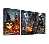 3 Pcs Wooden Framed Canvas Wall Art Halloween Pumpkins Canvas Prints Old Castle Scary Witches Painting Creepy Gothic Pictures for Living Room Bedroom Bathroom Hallway Wall Decor 40x60 cm x3pcs