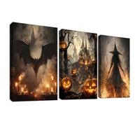 3 Pcs Wooden Framed Canvas Wall Art Halloween Pumpkins Spooky Castle Canvas Prints Black Bat Witch in the Fire Painting All Saints' Day Pictures for Bathroom Hallway Bar Wall Decor 30x40 cm x3pcs