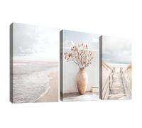 3 Pcs Wooden Framed Canvas Wall Art Path to the Sea Beach Canvas Prints Boho Beige Seascape Painting Ocean Coastal Scenery Pictures for Living Room Bedroom Bathroom Hallway Wall Decor 40x60 cm x3pcs
