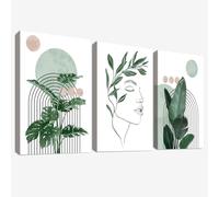3 Pcs Wooden Framed Canvas Wall Art Set Boho Sage Green Canvas Prints Geometric Line Face Aesthetic Minimalist Painting Poster Pictures for Living Room Bedroom Hallway Home Wall Decor 50x70cm x3pcs