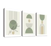3 Pcs Wooden Framed Canvas Wall Art Set Boho Sage Green Painting on Canvas Prints Poster Abstract Beige Green Leaves Pictures for Living Room Bedroom Hallway Wall Decor Geometric Artwork 40x60 cm x3
