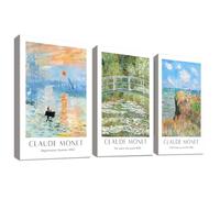 3 Pcs Wooden Framed Canvas Wall Art Set Claude Monet The Water Lily Pond Painting on Canvas Prints Poster Vintage Impressionist Sunrise Pictures for Living Room Bedroom Wall Decor 40x60 cm x3pcs