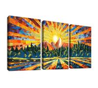 3 Pcs Wooden Framed Canvas Wall Art Set Mountain and Yellow Sun Painting on Canvas Prints Poster Colourful Fields and Hills Pictures for Living Room Bedroom Hallway Stairs Wall Decor 30x40 cm x3pcs