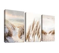 3 Pcs Wooden Framed Canvas Wall Art Set Nature Beach Baltic Seascape Painting on Canvas Prints Pampas Grass Reed Sunset Pictures for Living Room Bedroom Hallway Stairs Wall Decor 40x60 cm x3pcs