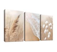 3 Pcs Wooden Framed Canvas Wall Art Set Seaside Beach Boho Beige Painting on Canvas Prints Pampas Grass Reed Dandelion Pictures for Living Room Bedroom Hallway Stairs Wall Decor 40x60 cm x3pcs