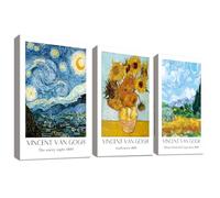 3 Pcs Wooden Framed Canvas Wall Art Set Vincent Van Gogh The Starry Night Painting on Canvas Prints Poster Sunflowers Floral Landscape Pictures for Living Room Bedroom Wall Decor 40x60 cm x3pcs