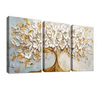 3 Pcs Wooden Framed Canvas Wall Art Set White Flowering Tree of Life Painting on Canvas Prints Poster Luxurious Modern Golden Tree Pictures for Living Room Bedroom Hallway Wall Decor 30x40 cm x3pcs