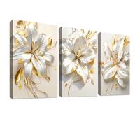 3 Pcs Wooden Framed Gold White Lilies Flowers Canvas Wall Art Golden Stamens Beige Floral Painting on Canvas Prints Pictures for Living Room Bedroom Hallway Home Wall Decor 150x70cm(20"x28"x3pcs)