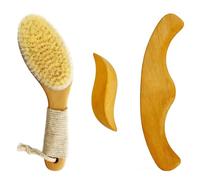3 Pcs Wooden Massage Tool Set, Dry Brushing Body Brush & Massage Kit Included, Natural Bristle, Wood Therapy for Lymphatic Drainage, Skin Exfoliating, Back Scrubber