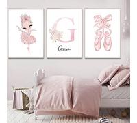 3 Personalised Custom Name Baby Pink Poster 30 x 40 cm Ballet Dancer Wall art Ballet Shoes Toddler Girl Prints Canvas Pictures for Nursery Wall Painting Kids Bedroom without Frame