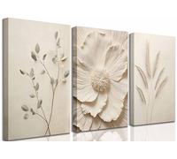 3 Picecs Framed Beige Floral Canvas Wall Art Neutral Simple Modern Textured Botanical Art Living Room Picture Wall Decor Poster Print for Bedroom Bathroom Hallway Home Decor