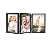 3 Picture Frame 4x6 Black Triple Hinged MDF Wood with Glass Front Three Opening Photo Frame Stand Vertical on Tabletop