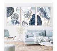 3 Pictures Set-Abstract Wall Art Navy Blue Gold Watercolour Shapes Geometric Poster Prints Artwork Canvas Painting Office Living Room Home Decor-50x70cm/(20x27inch) Unframed