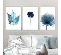 3 Pictures Set Watercolor Blue Botanical Leaf Poster Simple Nordic Flowers Plant Canvas Painting Wall Art Pictures for Living Room Kitchen Office Decor-40 * 50cm (No Frame)