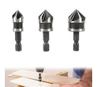 3-Piece 1/4" Hex Shank Countersink Drill Bit Set, 5-Flute 90° Chamfer Bits (12mm/16mm/19mm) for Woodworking & Metal, High-Speed Steel HSS