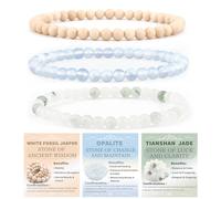 3-Piece 4mm Natural Crystal Gemstone Stretch Bracelets Opalite, Tianshan Jade, White Fossil Jasper Reiki Energy Healing Jewelry for Meditation,Yoga, Unisex