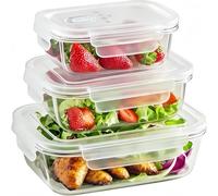 3 Piece Airtight Glass Food Storage Containers with Clear Lids | Airtight seal keeps food fresh, Oven microwave, Reusable, Large capacity family set, Glass lunch box clear, Picnic office use