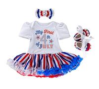 3 Piece Baby Girls Independence Day Outfits Infant Summer Short Sleeve Letter Prints Romper Bodysuit Red White and Blue Skirt Headband Shoes Cute Dress for Wedding Party (Red, 0-3 Months)