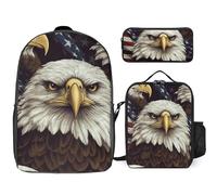 3 Piece Backpack for Women Men Lightweight Causal Daypack Shoulder Bag Set with Insulated Lunch Bag And Pencil Case Organizers Bald Eagle