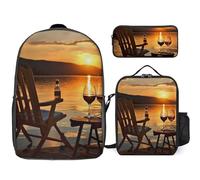 3 Piece Backpack for Women Men Lightweight Causal Daypack Shoulder Bag Set with Insulated Lunch Bag And Pencil Case Organizers Chair And Wine at Sunset Lake, Style, One Size