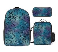 3 Piece Backpack for Women Men Lightweight Causal Daypack Shoulder Bag Set with Insulated Lunch Bag And Pencil Case Organizers Blue Zebra Print