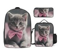 3 Piece Backpack for Women Men Lightweight Causal Daypack Shoulder Bag Set with Insulated Lunch Bag And Pencil Case Organizers Gray Cat with Bow