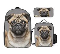 3 Piece Backpack for Women Men Lightweight Causal Daypack Shoulder Bag Set with Insulated Lunch Bag And Pencil Case Organizers Animal Pug Dog