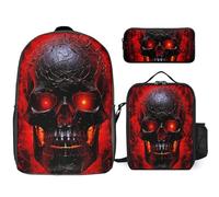 3 Piece Backpack for Women Men Lightweight Causal Daypack Shoulder Bag Set with Insulated Lunch Bag And Pencil Case Organizers Black And Red Skull