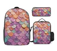 3 Piece Backpack for Women Men Lightweight Causal Daypack Shoulder Bag Set with Insulated Lunch Bag And Pencil Case Organizers Mermaid Scales Background