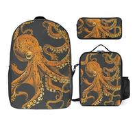 3 Piece Backpack for Women Men Lightweight Causal Daypack Shoulder Bag Set with Insulated Lunch Bag And Pencil Case Organizers Orange Octopus Pattern