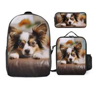 3 Piece Backpack for Women Men Lightweight Causal Daypack Shoulder Bag Set with Insulated Lunch Bag And Pencil Case Organizers Papillon Lying On Tummy