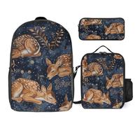 3 Piece Backpack for Women Men Lightweight Causal Daypack Shoulder Bag Set with Insulated Lunch Bag And Pencil Case Organizers Little Deer Sleeping