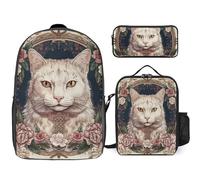 3 Piece Backpack for Women Men Lightweight Causal Daypack Shoulder Bag Set with Insulated Lunch Bag And Pencil Case Organizers Flowers And White Cat